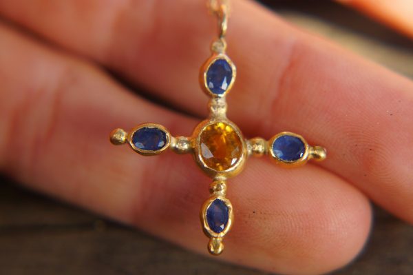 24k gold pendant//blue sapphire cross/gold artisan cross//sapphire gold cross pendant//multi stone cross//gold cross//artisan gold cross