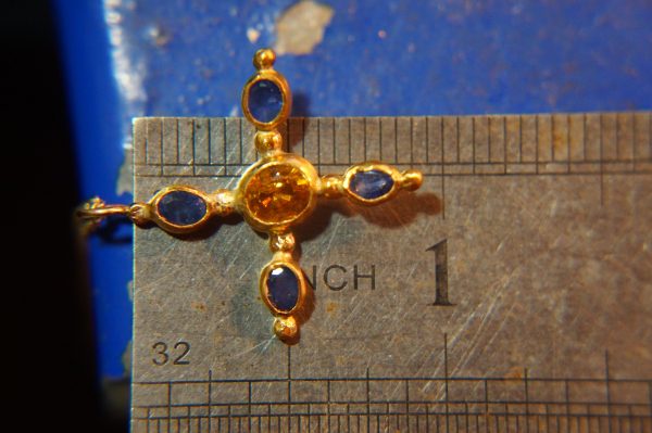 24k gold pendant//blue sapphire cross/gold artisan cross//sapphire gold cross pendant//multi stone cross//gold cross//artisan gold cross