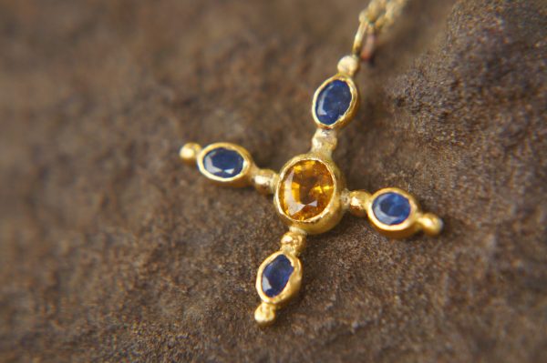 24k gold pendant//emerald sapphire cross//gold artisan cross//sapphire gold cross pendant//multi stone cross//gold cross//artisan gold cross