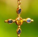 24k gold pendant//blue sapphire cross/gold artisan cross//sapphire gold cross pendant//multi stone cross//gold cross//artisan gold cross