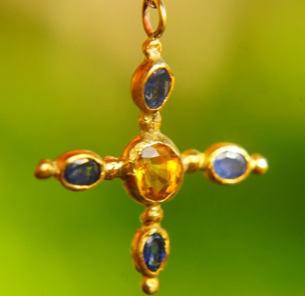 24k gold pendant//blue sapphire cross/gold artisan cross//sapphire gold cross pendant//multi stone cross//gold cross//artisan gold cross