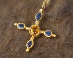 24k gold pendant//blue sapphire cross/gold artisan cross//sapphire gold cross pendant//multi stone cross//gold cross//artisan gold cross