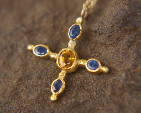 24k gold pendant//blue sapphire cross/gold artisan cross//sapphire gold cross pendant//multi stone cross//gold cross//artisan gold cross