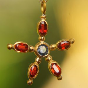 24k gold pendant/red sapphire sapphire//gold artisan pendant//blue sapphire flower pendant//multi stone pendant//artisan gold floral pendant