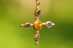 24k gold pendant//blue sapphire cross/gold artisan cross//sapphire gold cross pendant//multi stone cross//gold cross//artisan gold cross
