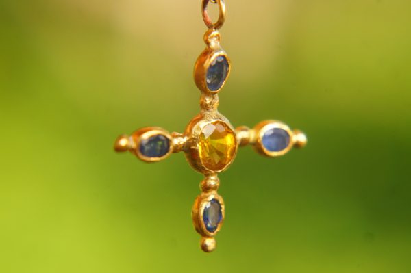 24k gold pendant//blue sapphire cross/gold artisan cross//sapphire gold cross pendant//multi stone cross//gold cross//artisan gold cross