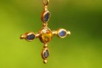 24k gold pendant//blue sapphire cross/gold artisan cross//sapphire gold cross pendant//multi stone cross//gold cross//artisan gold cross