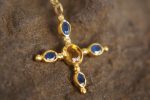 24k gold pendant//blue sapphire cross/gold artisan cross//sapphire gold cross pendant//multi stone cross//gold cross//artisan gold cross