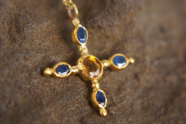 24k gold pendant//blue sapphire cross/gold artisan cross//sapphire gold cross pendant//multi stone cross//gold cross//artisan gold cross