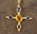 24k gold pendant//blue sapphire cross/gold artisan cross//sapphire gold cross pendant//multi stone cross//gold cross//artisan gold cross