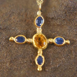 24k gold pendant//blue sapphire cross/gold artisan cross//sapphire gold cross pendant//multi stone cross//gold cross//artisan gold cross