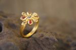 sapphire gold ring//artisan multi stone//red sapphire ring//diamond sapphire gold ring//gold multi stone ring//24k gold ring