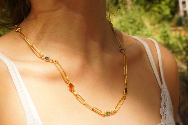 gold link necklace//24k gold bracelet//24k gold necklace//charm bracelet with gem stone//sapphire gold necklace//emerald gold necklace
