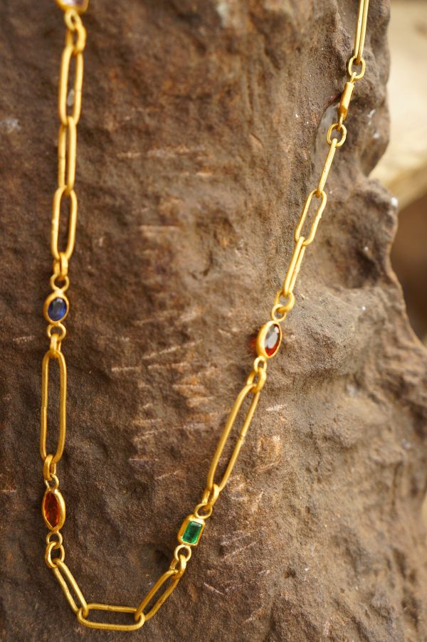 gold link necklace//24k gold bracelet//24k gold necklace//charm bracelet with gem stone//sapphire gold necklace//emerald gold necklace