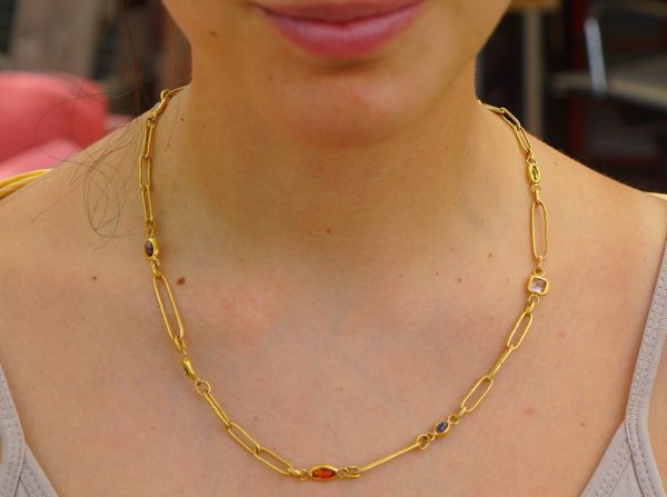 gold link necklace//24k gold bracelet//24k gold necklace//charm bracelet with gem stone//sapphire gold necklace//emerald gold necklace