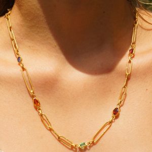 gold link necklace//24k gold bracelet//24k gold necklace//charm bracelet with gem stone//sapphire gold necklace//emerald  gold necklace