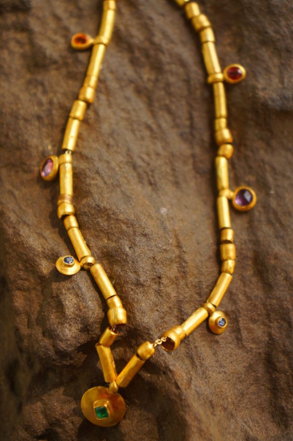 24k gold beaded charm necklace//24k multi stone necklace//24k gold necklace//charm necklace with gem stone//gold beaded necklace