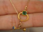 24k gold emerald charm and blue sapphire Pendant//Gold emerald Pendant//emerald and blue sapphire chain//emerald pendant//24k gold pendant