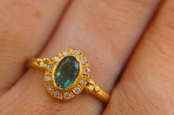 24k gold blue tourmaline and diamond ring//multi stone gold ring//artisan solid gold ring//tourmaline gold ring//tourmaline and diamond ring