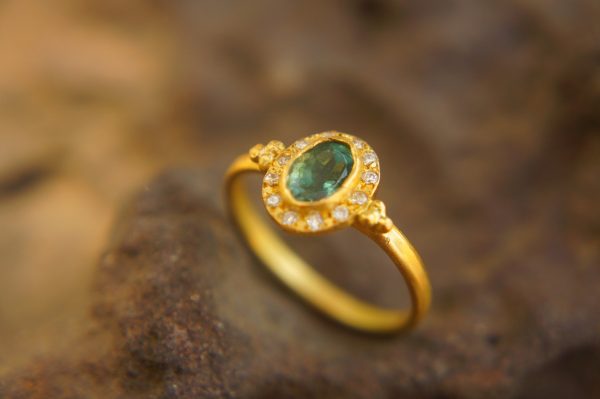24k gold blue tourmaline and diamond ring//multi stone gold ring//artisan solid gold ring//tourmaline gold ring//tourmaline and diamond ring