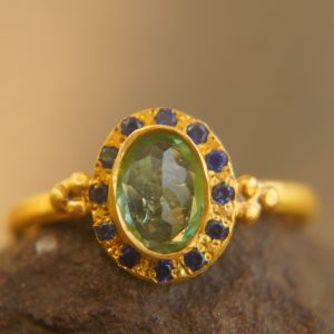 24k gold blue tourmaline and blue sapphire ring//multi stone gold ring//tourmaline gold ring//tourmaline and sapphire ring