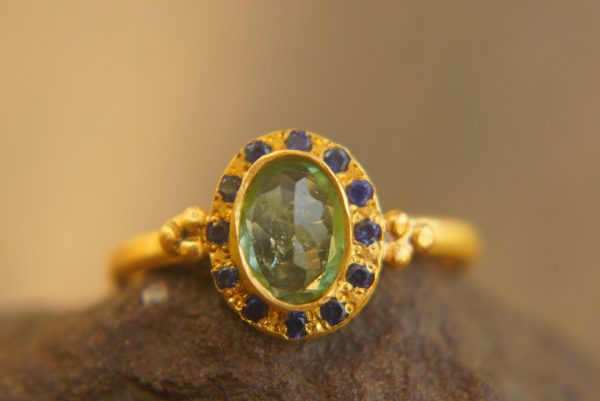 24k gold pink tourmaline and blue sapphire ring//multi stone gold ring//tourmaline gold ring//tourmaline and sapphire ring