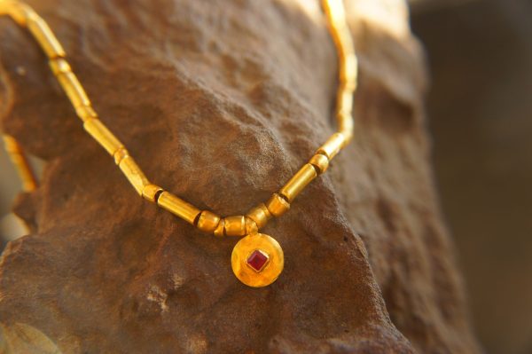 24k gold beaded and ruby charm necklace//24k gold beaded necklace//24k gold necklace//charm necklace with gem stone//gold beaded necklace