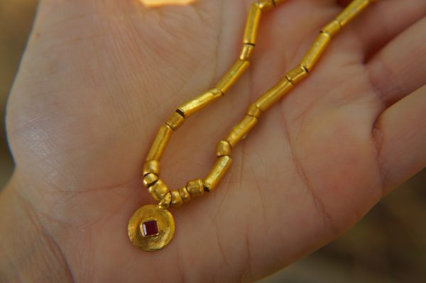 24k gold beaded and ruby charm necklace//24k gold beaded necklace//24k gold necklace//charm necklace with gem stone//gold beaded necklace