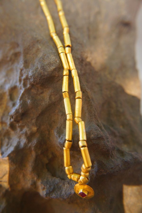 24k gold beaded and ruby charm necklace//24k gold beaded necklace//24k gold necklace//charm necklace with gem stone//gold beaded necklace