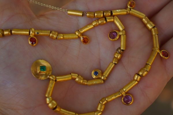24k gold beaded charm necklace//24k multi stone necklace//24k gold necklace//charm necklace with gem stone//gold beaded necklace