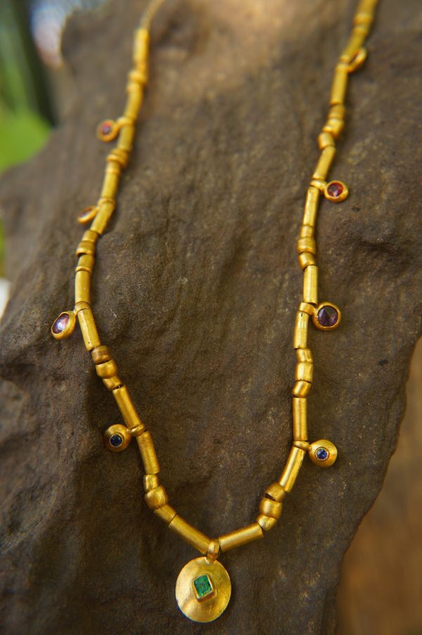 24k gold beaded charm necklace//24k multi stone necklace//24k gold necklace//charm necklace with gem stone//gold beaded necklace