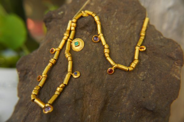 24k gold beaded charm necklace//24k multi stone necklace//24k gold necklace//charm necklace with gem stone//gold beaded necklace