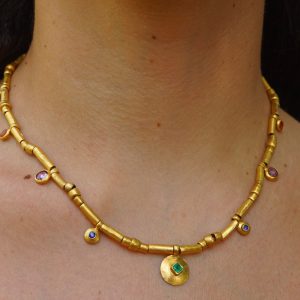 24k gold beaded charm necklace//24k multi stone necklace//24k gold necklace//charm necklace with gem stone//gold beaded necklace