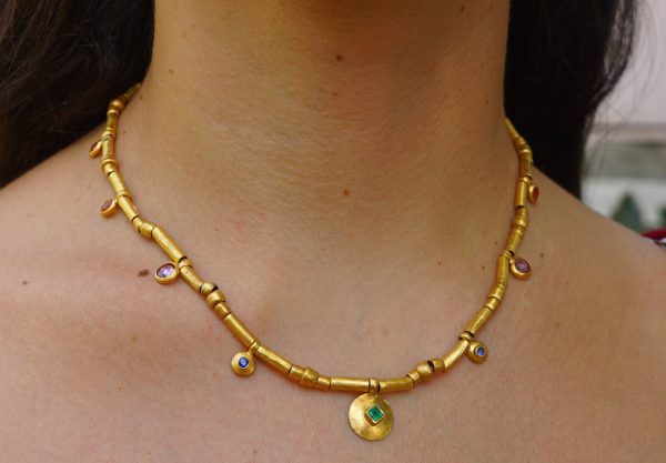 24k gold beaded charm necklace//24k multi stone necklace//24k gold necklace//charm necklace with gem stone//gold beaded necklace