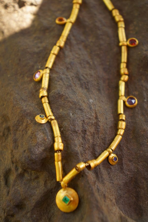 24k gold beaded charm necklace//24k multi stone necklace//24k gold necklace//charm necklace with gem stone//gold beaded necklace