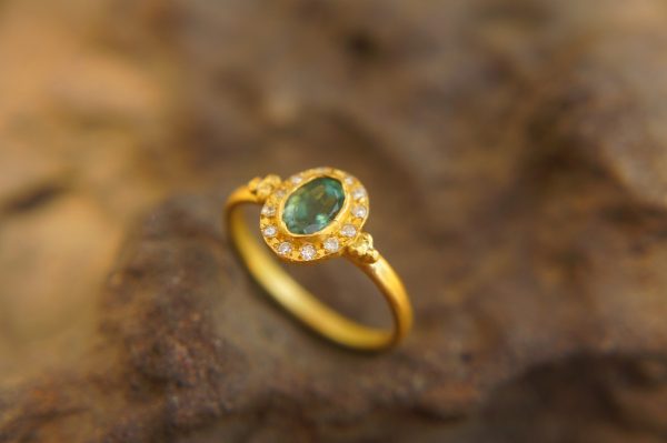 24k gold blue tourmaline and diamond ring//multi stone gold ring//artisan solid gold ring//tourmaline gold ring//tourmaline and diamond ring