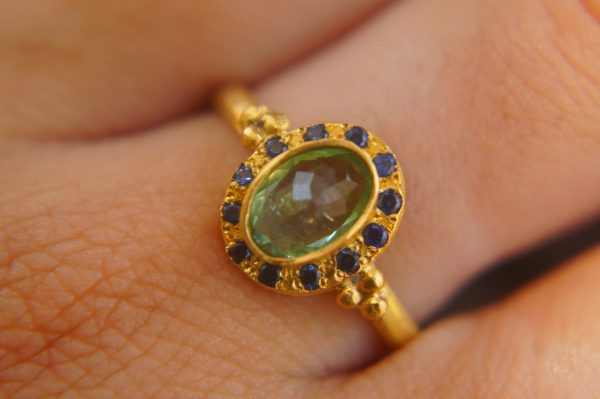 24k gold blue tourmaline and diamond ring//multi stone gold ring//artisan solid gold ring//tourmaline gold ring//tourmaline and diamond ring