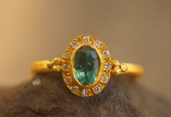 24k gold blue tourmaline and diamond ring//multi stone gold ring//artisan solid gold ring//tourmaline gold ring//tourmaline and diamond ring