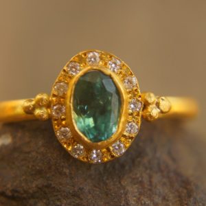 24k gold blue tourmaline and diamond ring//multi stone gold ring//artisan solid gold ring//tourmaline gold ring//tourmaline and diamond ring