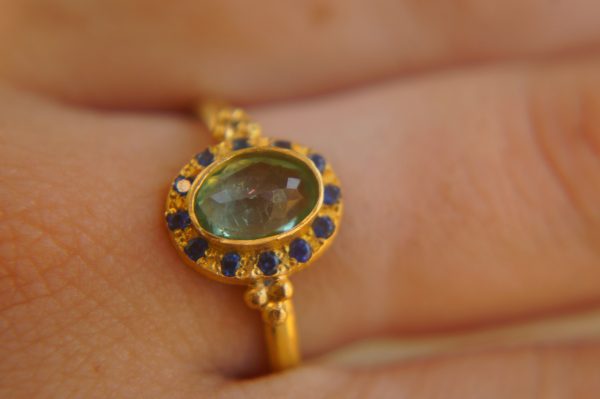 24k gold blue tourmaline and blue sapphire ring//multi stone gold ring//tourmaline gold ring//tourmaline and sapphire ring