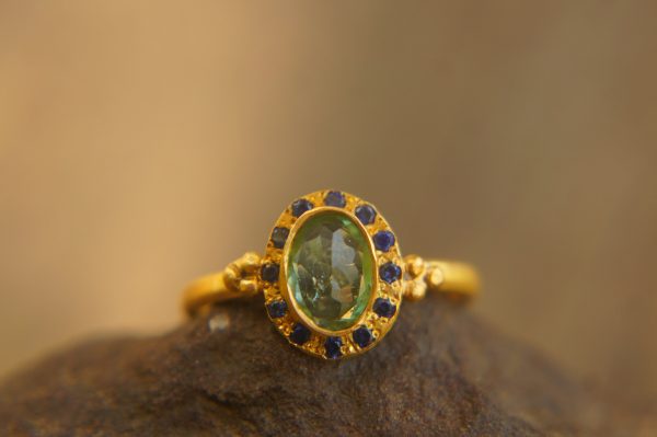 24k gold blue tourmaline and blue sapphire ring//multi stone gold ring//tourmaline gold ring//tourmaline and sapphire ring