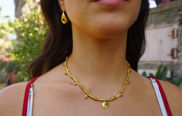 24k gold beaded charm necklace//24k multi stone necklace//24k gold necklace//charm necklace with gem stone//gold beaded necklace