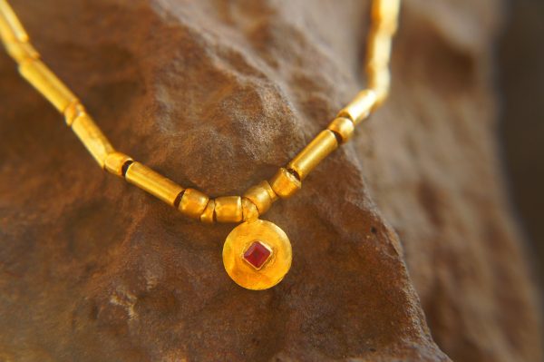 24k gold beaded and ruby charm necklace//24k gold beaded necklace//24k gold necklace//charm necklace with gem stone//gold beaded necklace