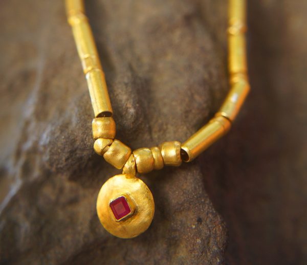 24k gold beaded and ruby charm necklace//24k gold beaded necklace//24k gold necklace//charm necklace with gem stone//gold beaded necklace