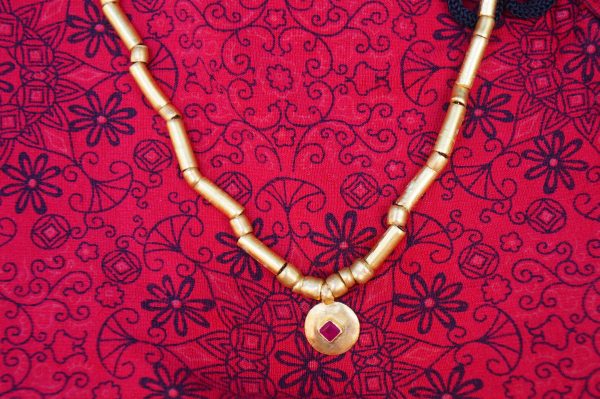 24k gold beaded and ruby charm necklace//24k gold beaded necklace//24k gold necklace//charm necklace with gem stone//gold beaded necklace
