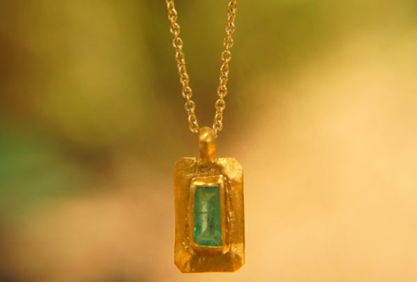 24k gold emerald pendant//rectangle emerald necklace//handmade emerald pendant//gold square emerald pendant//24k pendant//gold emerald charm