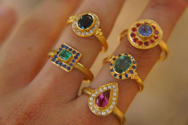 24k gold tourmaline and blue sapphire ring//multi stone gold ring//artisan bicolor tourmaline and sapphire gold ring//tourmaline gold ring