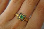 24k gold emerald and blue sapphire ring//multi stone gold ring//artisan 24k emerald and sapphire gold ring//24k emerald and sapphire ring