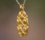 24k gold white diamond pendant//24k oval pendant//gold diamond necklace//gold hammered pendant//artisan 24k pendant//oval gold charm