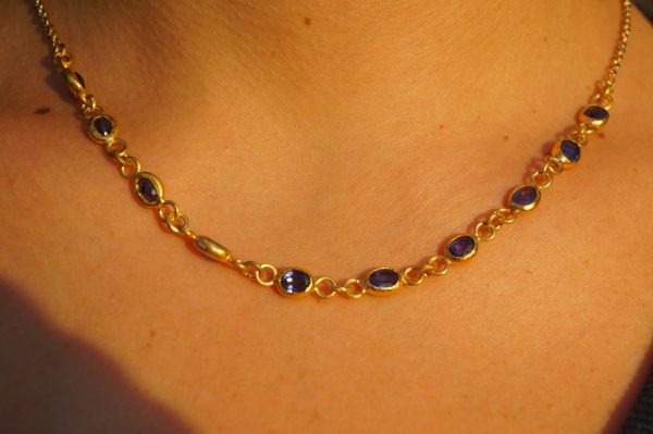 24k gold blue sapphire necklace//24k gold necklace//sapphire gold necklace//24k sapphire charm necklace//handmade necklace//artisan necklace